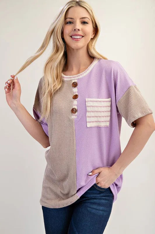 Celeste Full Size Rib Contrast Short Sleeve T-Shirt Plus SIze