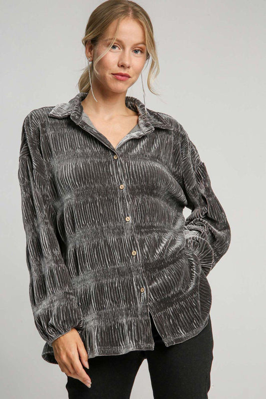 Umgee Ruched Tiered Button Up Shirt Gunmetal