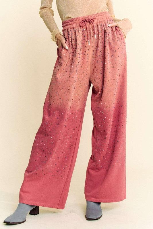 Davi & Dani Rhinestone Drawstring Wide Leg Pants Deep Rose