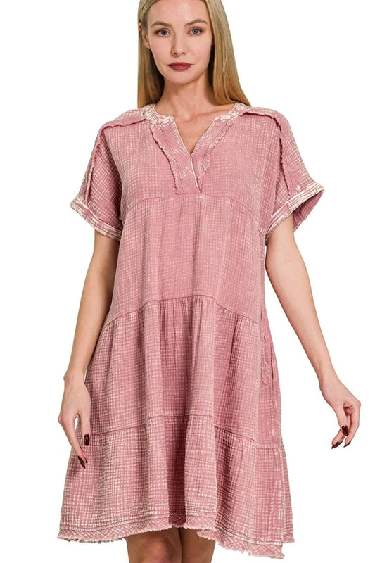 Zenana Washed Double Gauze Raw Edge V-Neck Dress LT ROSE