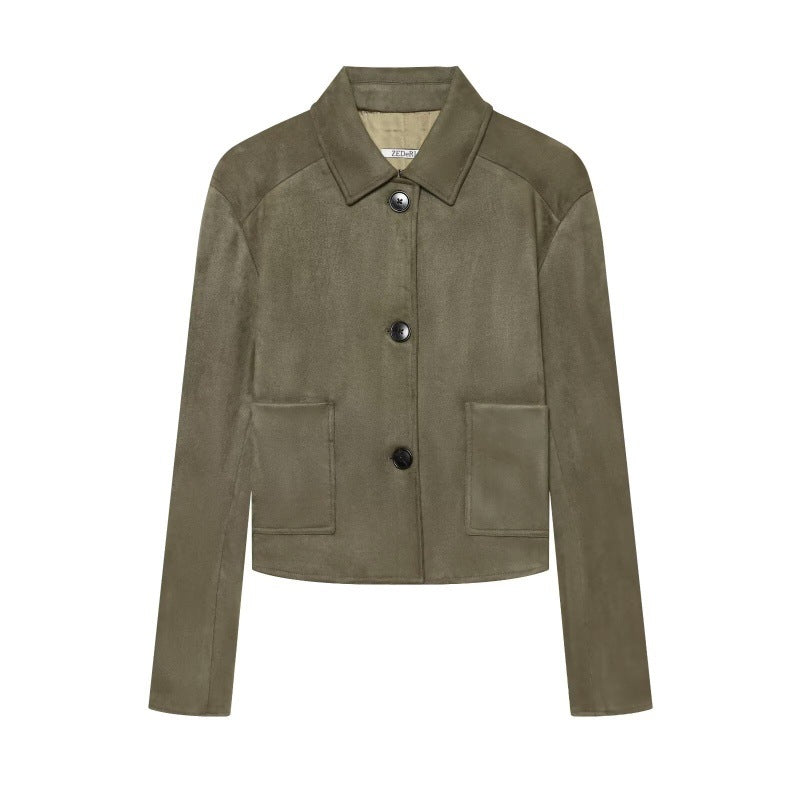An olive green cropped jacket with a pointed collar, three black buttons, and two front patch pockets, shown on a plain white background.