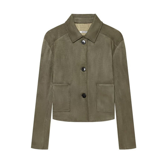 An olive green cropped jacket with a pointed collar, three black buttons, and two front patch pockets, shown on a plain white background.