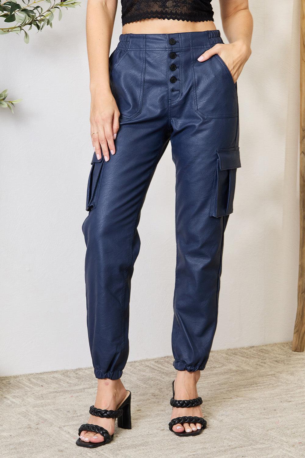 Kancan High Waist Faux Leather Cargo Joggers Dark Blue
