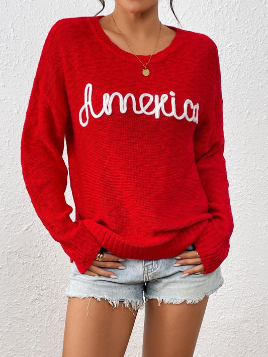 Letter Round Neck Long Sleeve Sweater Deep Red