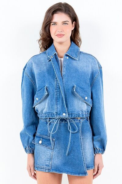 American Bazi Full Size Drop Shoulder Cropped Denim Jacket with Waist Strap Plus Size Blue