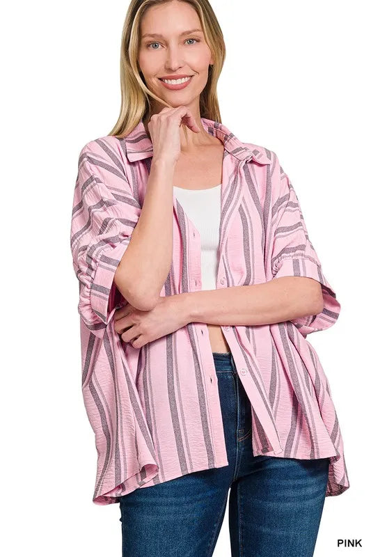 Zenana Woven Yarn-Dye Stripe Oversized Button Down Shirt