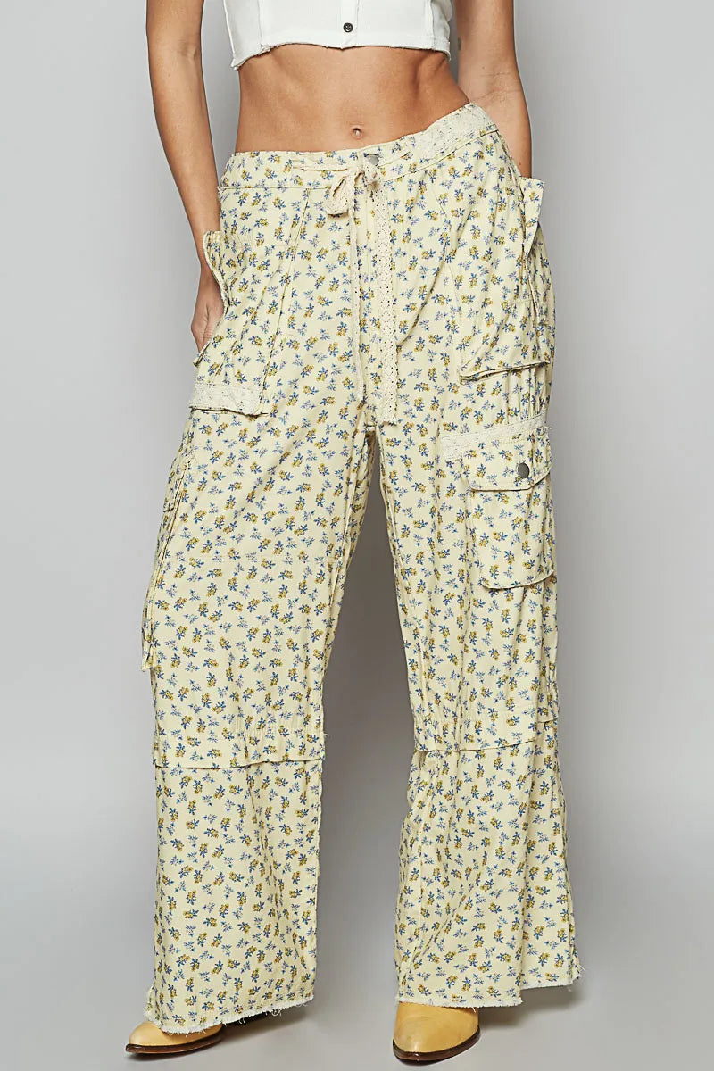 POL Floral Cargo Wide Leg Pants with Lace Drawstring VANILLAFLORAL