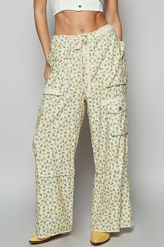 POL Floral Cargo Wide Leg Pants with Lace Drawstring VANILLAFLORAL