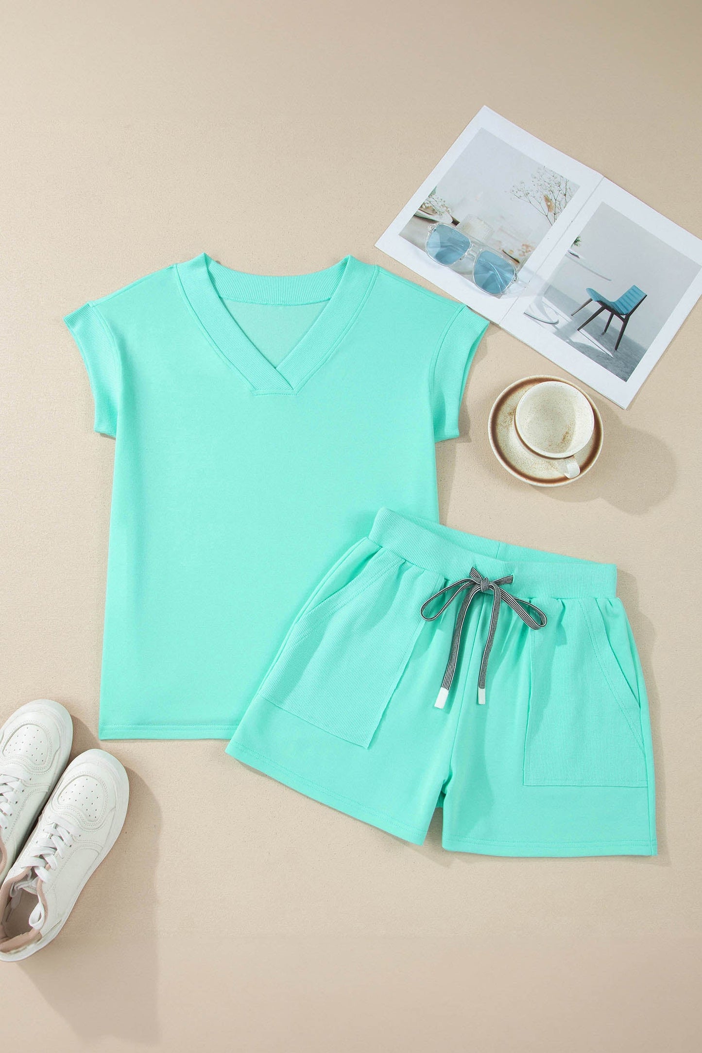 Solid V-Neck Short Sleeve Top & Drawstring Shorts Set