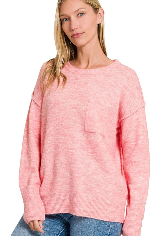 Zenana Melange Hi-low Hem Round Neck Sweater H DK PINK