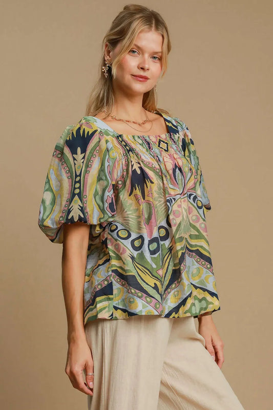 Umgee Full Size Abstract Print Smocked Square Neck Puff Sleeve Blouse Green Mix