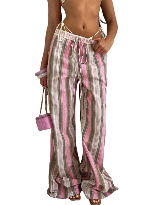 Women's Pink Multicolor Striped Wide Leg Lounge Pants