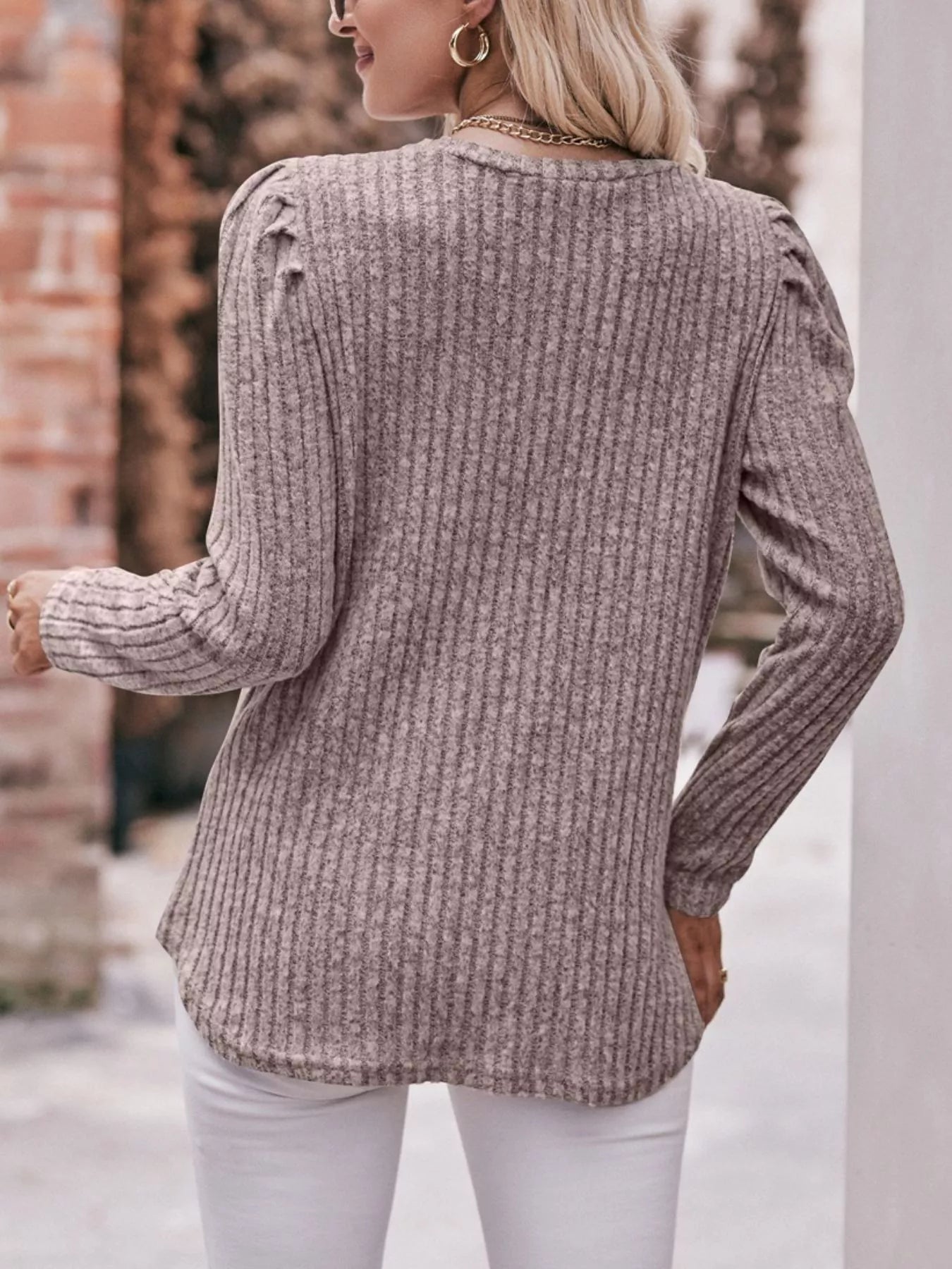Ribbed Knit Puff Sleeve T-Shirt