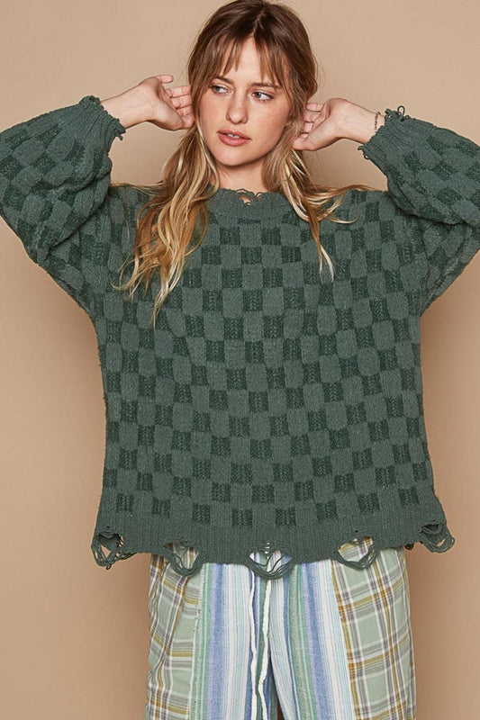 POL Checkered Distressed Edge Sweater Forest Green