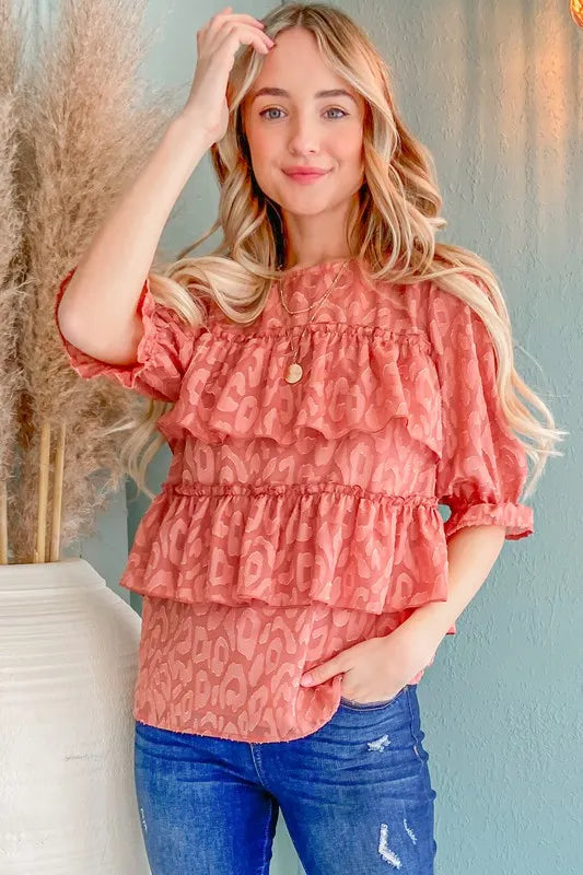 And The Why Leopard Tiered Ruffle Blouse Top MARSALA