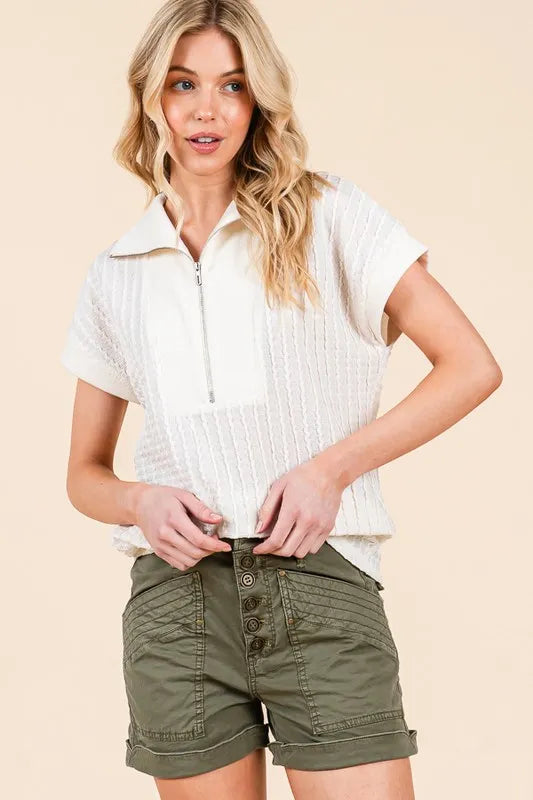 Lime 'N' Chili Textured Half Zip Cap Sleeve Contrast Top
