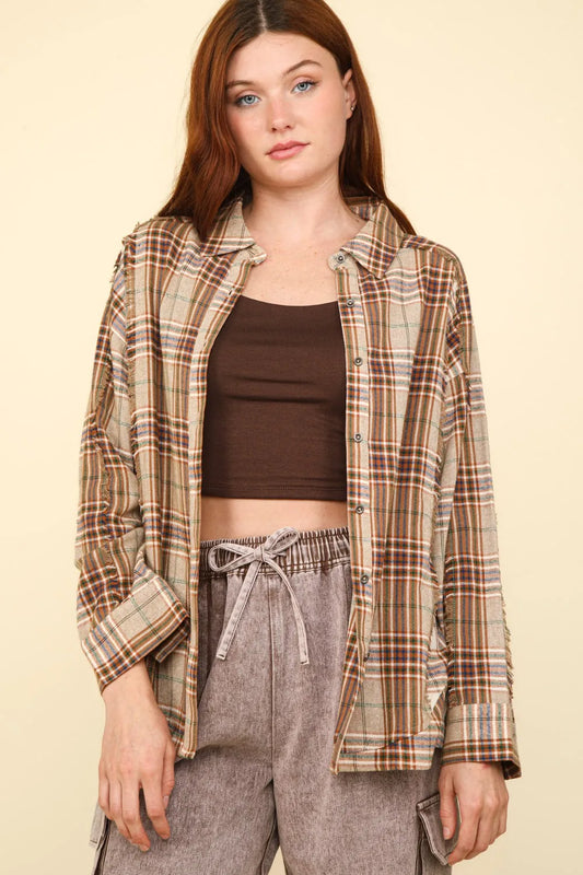 VERY J Contrast Plaid Raw Detail Shirt Taupe