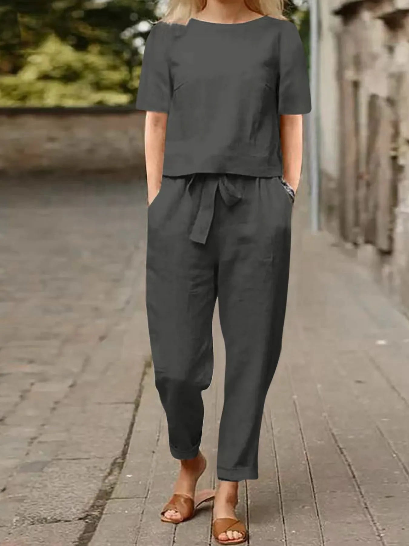 Full Size Round Neck Short Sleeve Top and Pants Set Plus Size