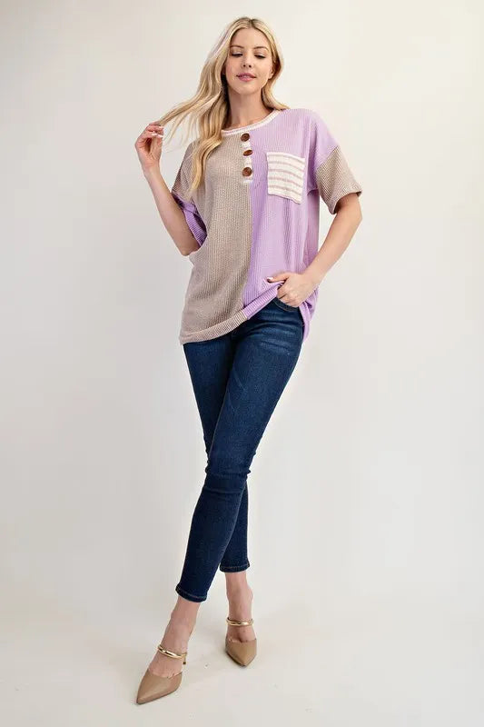 Celeste Full Size Rib Contrast Short Sleeve T-Shirt Plus SIze LILAC STRIPE