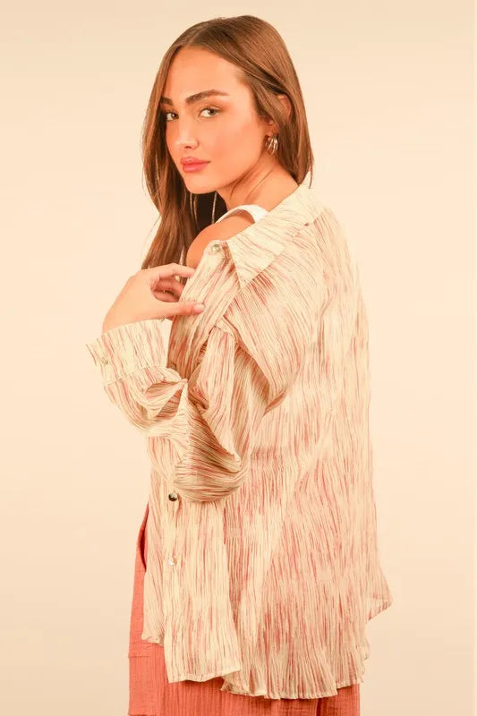 VERY J Plus Size Oversized Printed Button Up Shirt