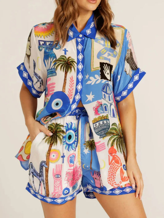 Button Up Half Sleeve Top and Shorts Set Blue