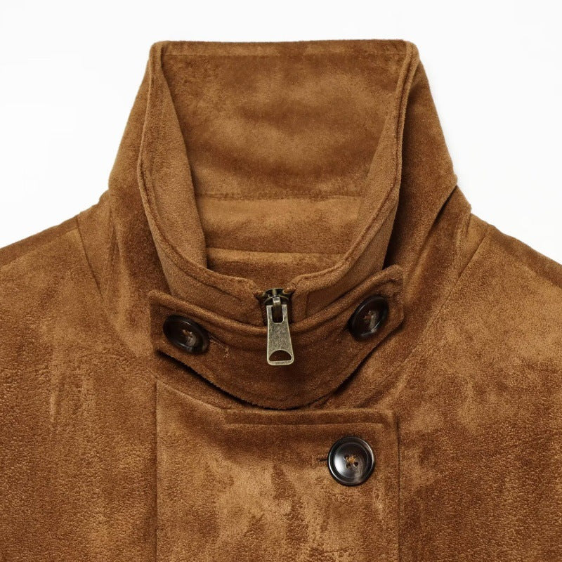 Close-up of a brown suede or suede-like jacket with a high stand collar, front zipper, and dark buttons on a white background.