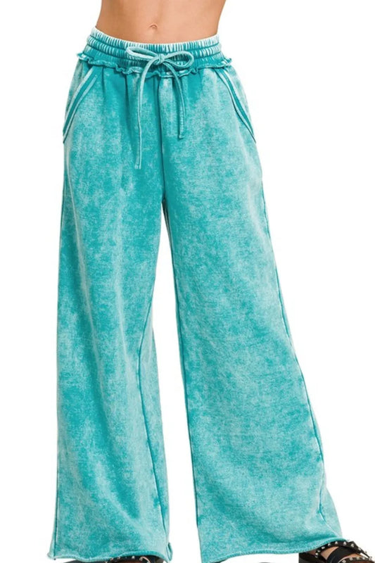Zenana Acid Wash Fleece Palazzo Sweatpants with Pockets LT TEAL