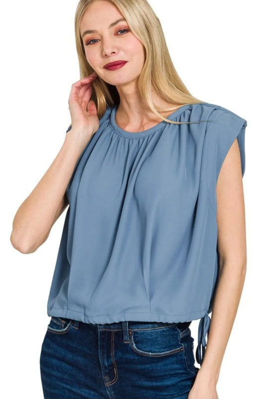 Zenana Woven Drawstring Tie Side Sleeveless Top DUSTY BLUE