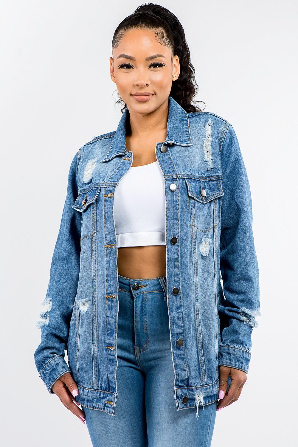 American Bazi Full Size Button Up Distressed Denim Jacket Blue