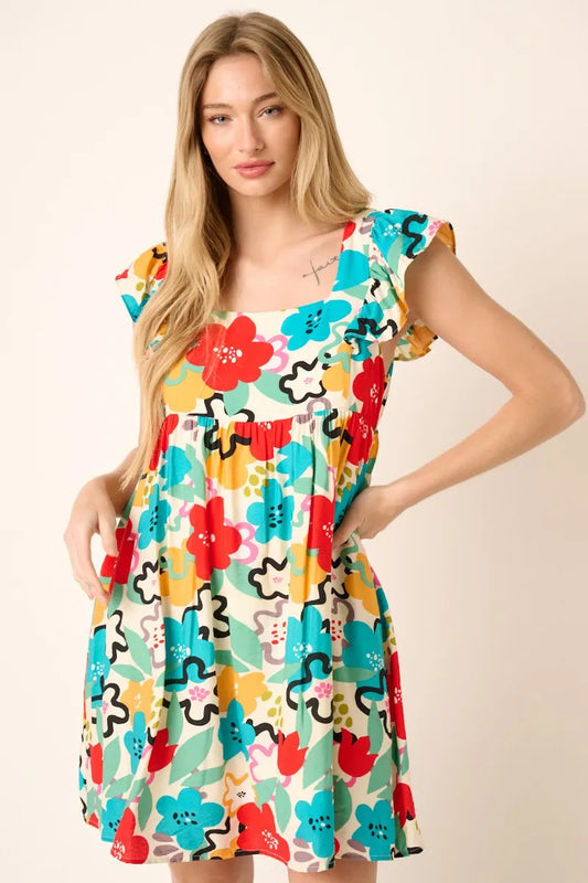 Mittoshop Multi Color Flower Print Babydoll Dress RED MULTI