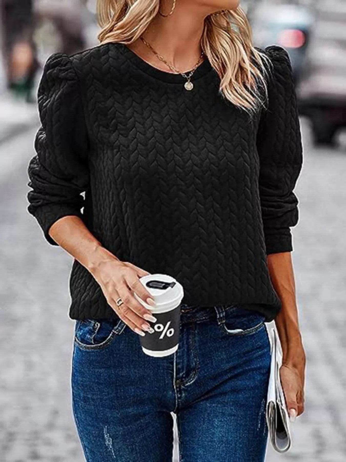 Texture Round Neck Long Sleeve Sweatshirt