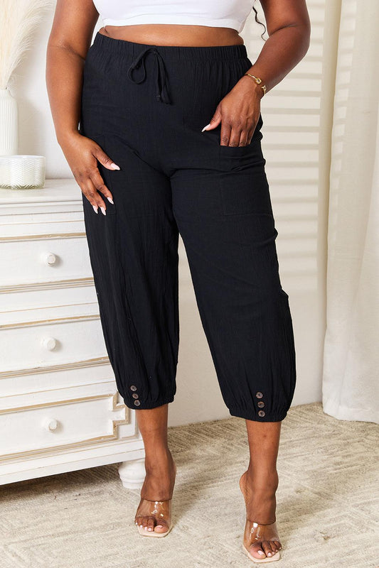 Decorative Button Cropped Pants Black