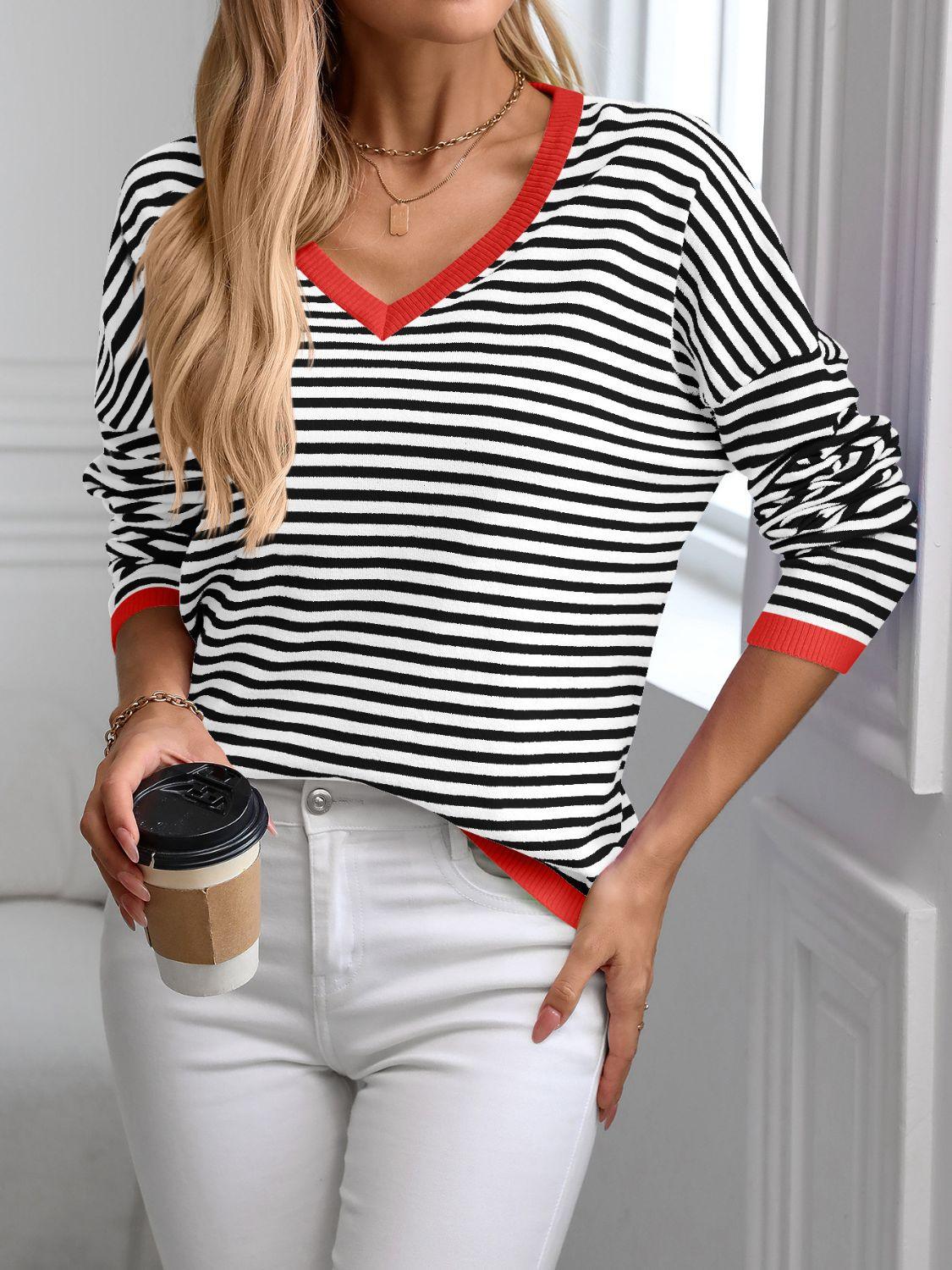 Contrast Trim Striped V-Neck Long Sleeve Knit Top Black Red