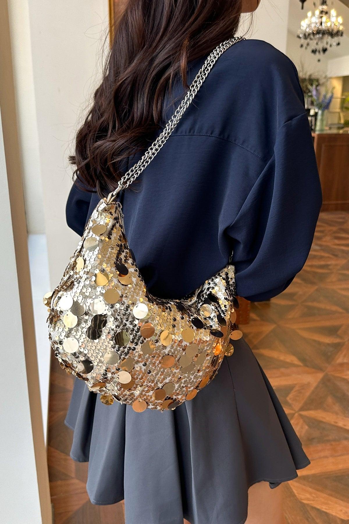 Sequin Chain Crossbody Bag Gold One Size