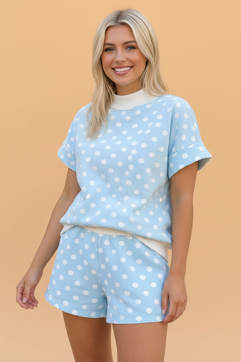 Polka Dot Colorblock Mock Neck & Shorts Set