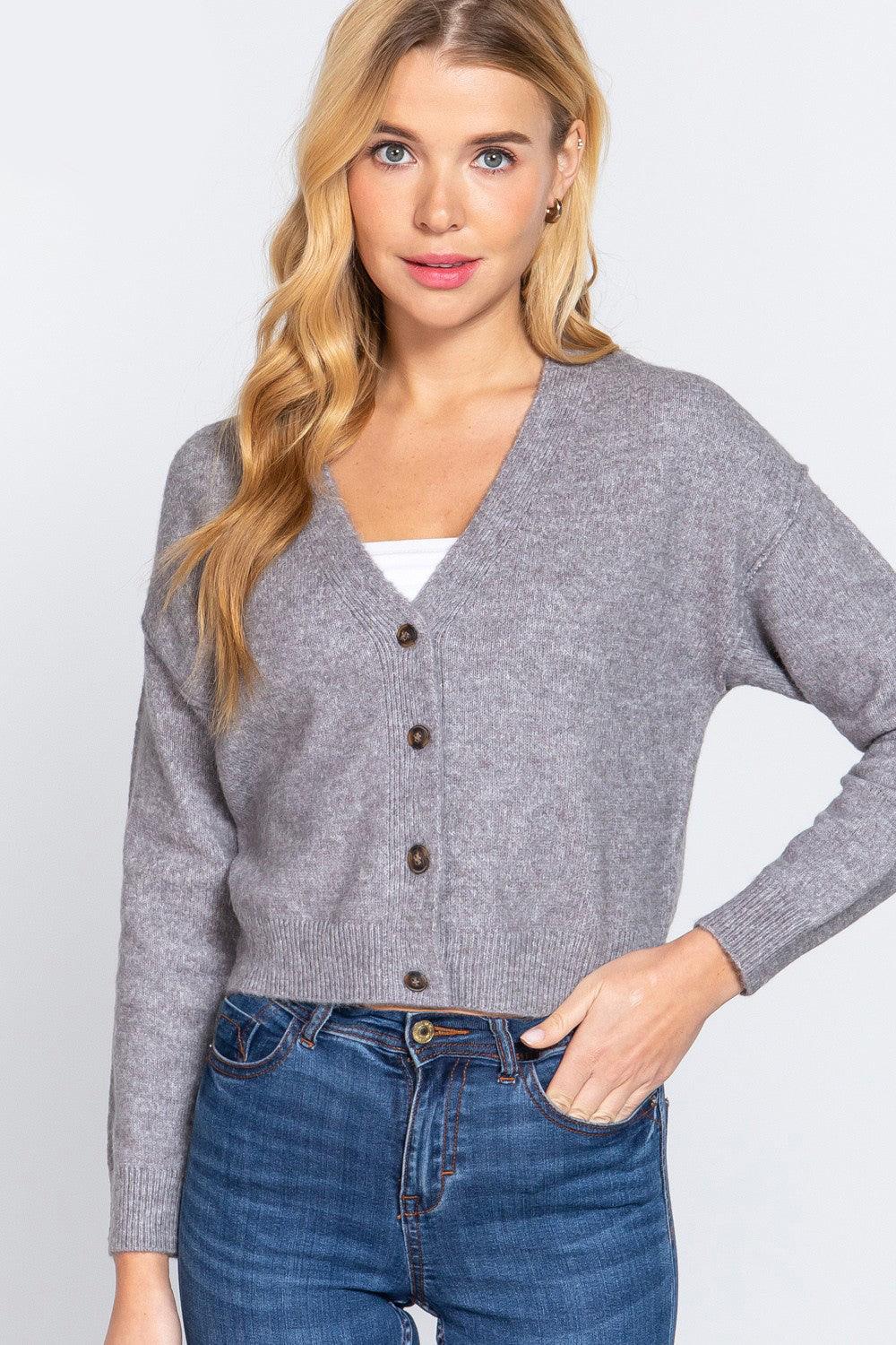 ACTIVE BASIC V-Neck Button Up Long Sleeve Knit Cardigan Grey