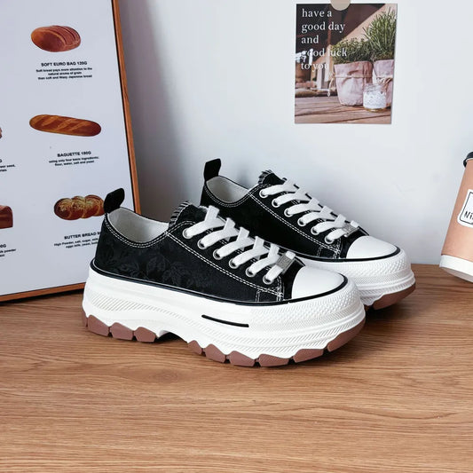 Lace-Up Canvas Platform Sneakers Black