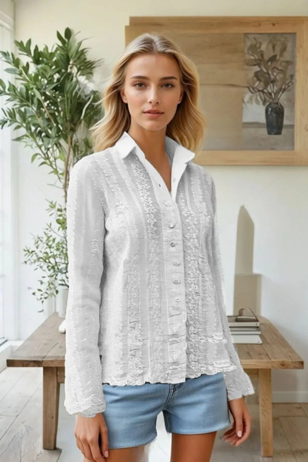 ADORA Embroidered Long Sleeve Button Down Shirt