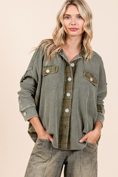 Mittoshop Mineral Washed Plaid Button Down Shacket Olive