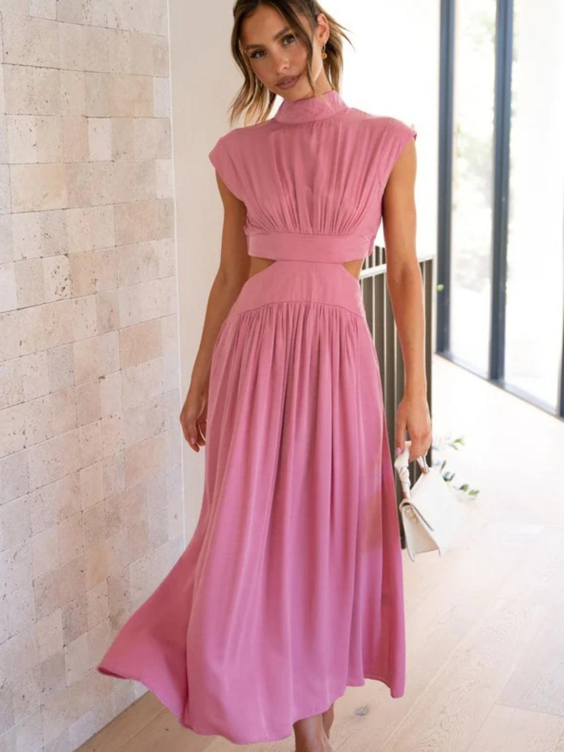 Cutout Mock Neck Sleeveless Ruched Dress Fuchsia Pink