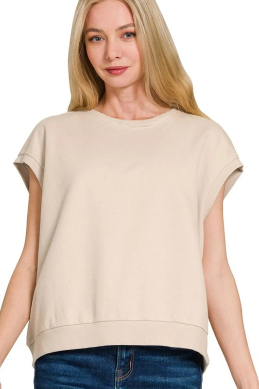 Zenana French Terry Round Neck Cap Sleeve T-Shirt SAND BEIGE