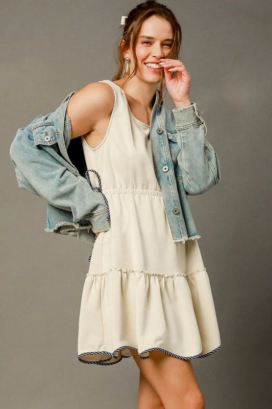 Umgee Frill Drawstring Waist Round Neck Mini Tank Dress Cream