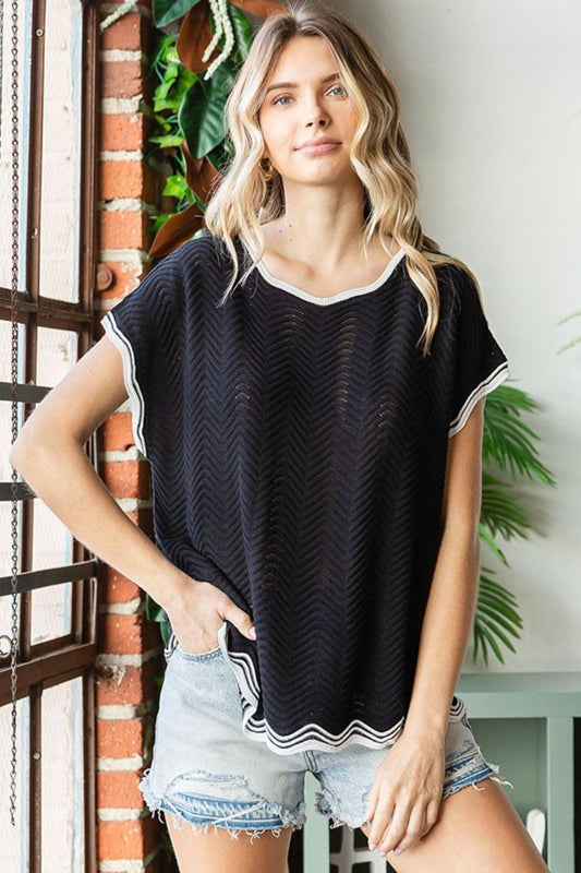 First Love Full Size Contrast Wavy Crochet Drop Shoulder Knit Top Black