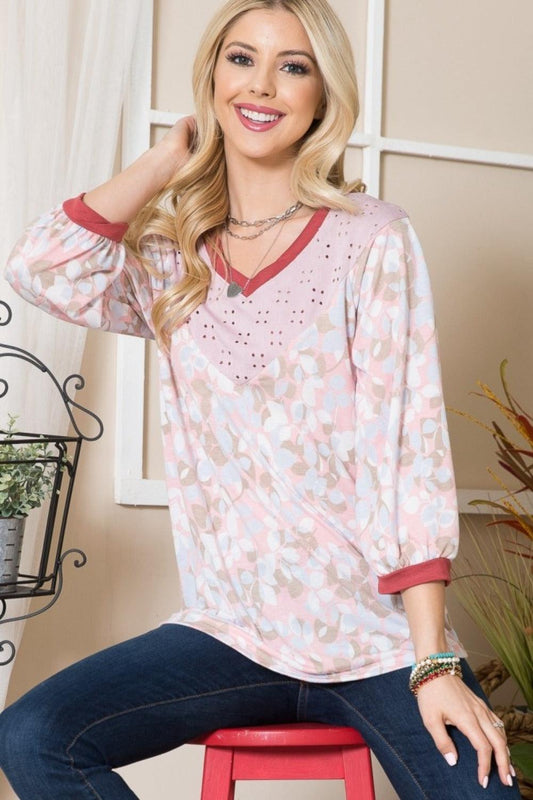 Celeste Full Size Leaf Print Contrast Trim Balloon Sleeve Top Pink Taupe