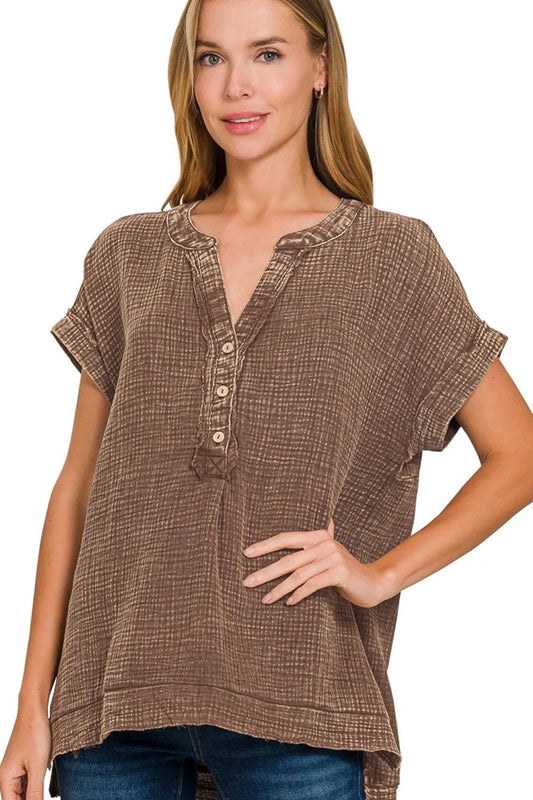 Zenana Washed Double Gauze 3/4 Button Henley Neck Shirt BROWN