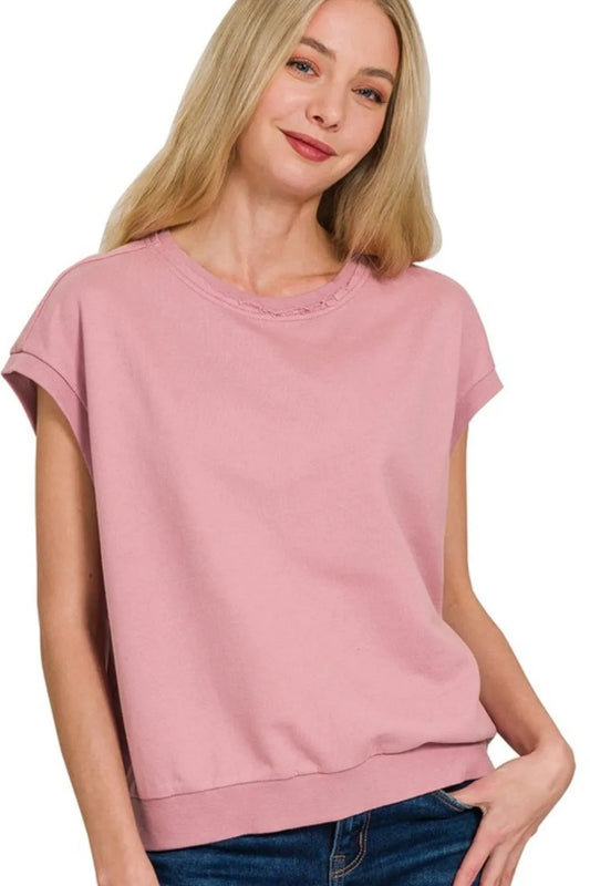 Zenana French Terry Round Neck Cap Sleeve T-Shirt LT ROSE