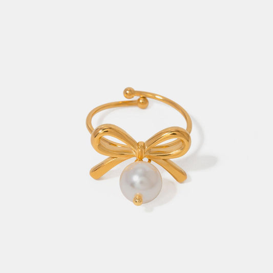 Stainless Steel Pearl Bow Ring Gold One Size