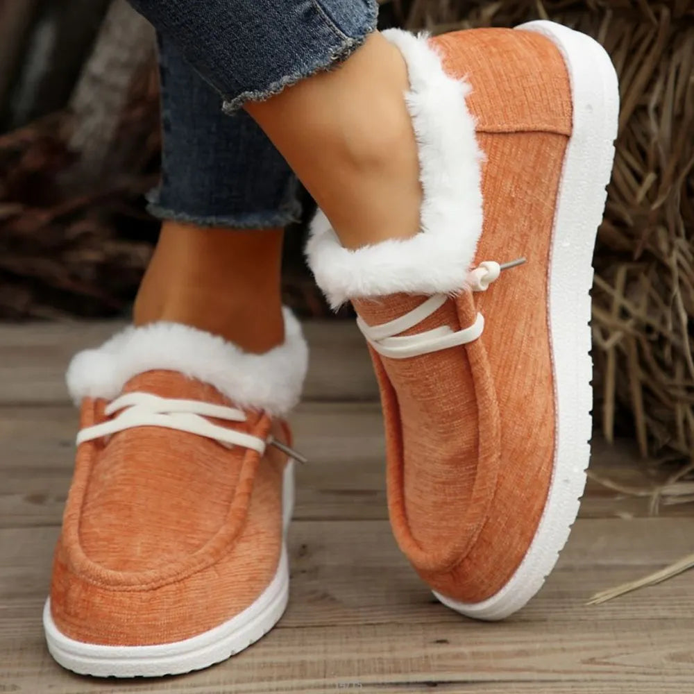 Lace Up Round Toe Furry Sneakers Tangerine