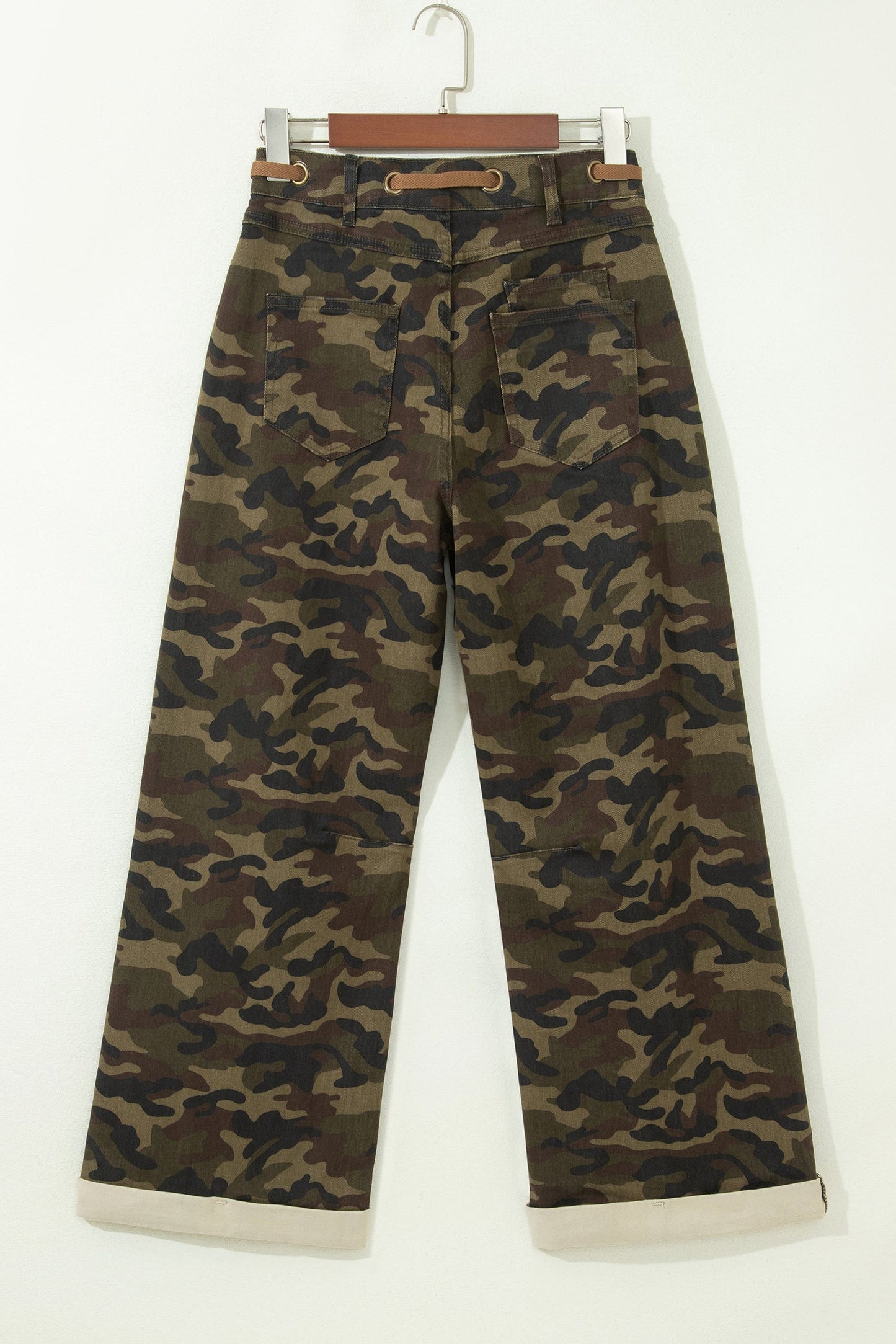 Camo Retro Grommet Tie Waist Loose Jeans