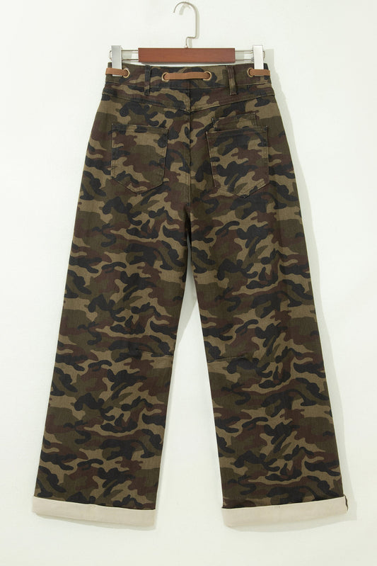 Camo Retro Grommet Tie Waist Loose Jeans